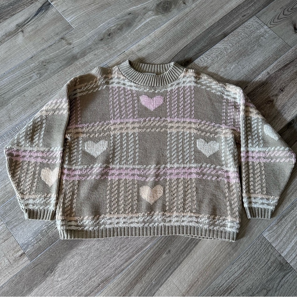 Vintage 80s Hot Cashews Pink Peach Gold & Beige Pullover Heart Sweater Sz Small